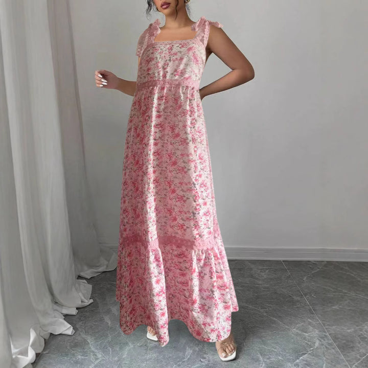 Maxi dress for women with floral patterns and playful lace insert Lune London
