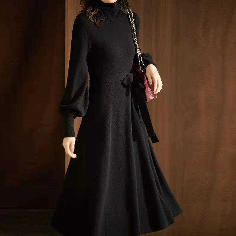 Knitted dress for women with high collar and belt at the waist Lune London