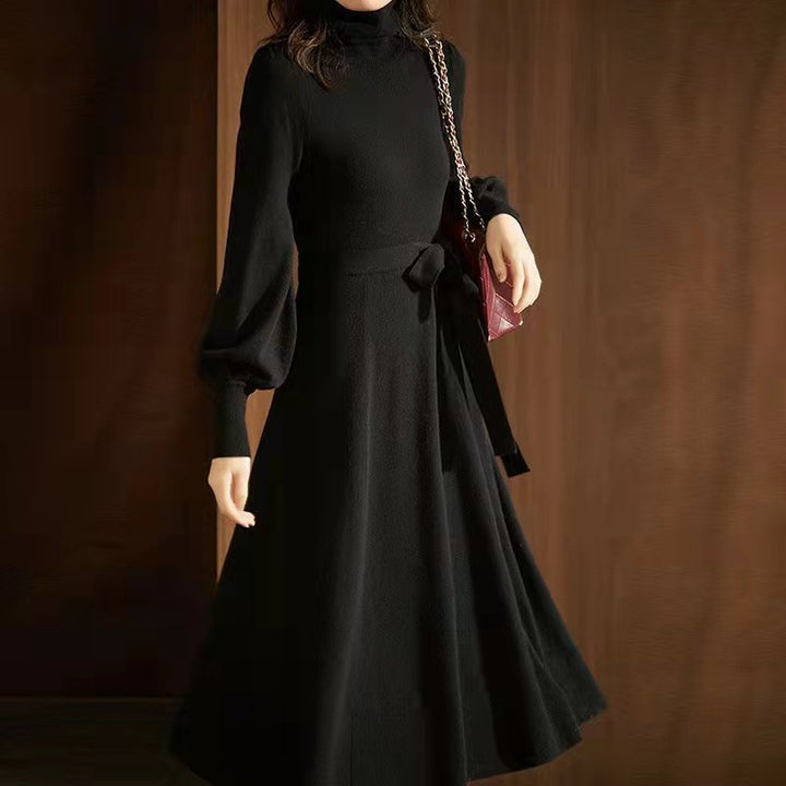 Knitted dress for women with high collar and belt at the waist Lune London