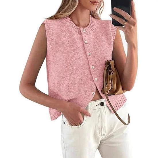 Women's Casual Knitted Vest with Button Placket and Round Neck Lune London