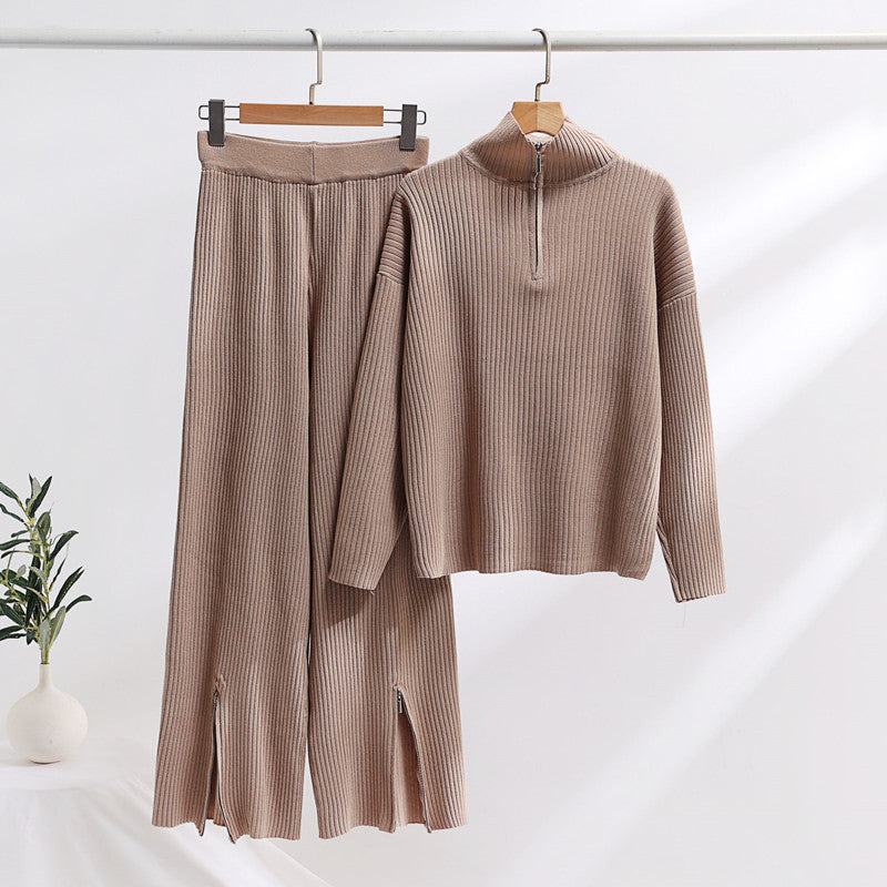 Casual knit set for women with a high collar and side slits Lune London