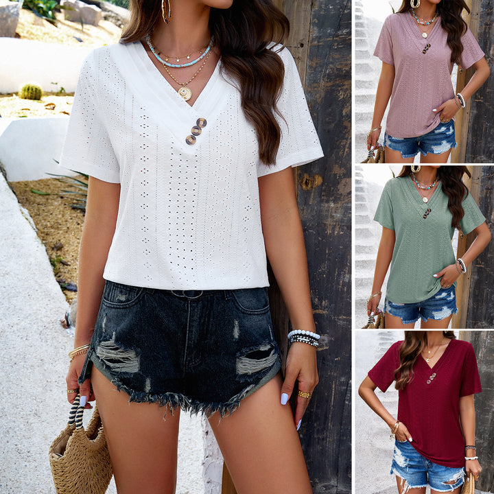Long sleeve blouse for women with airy V-neck and decorative button details Lune London