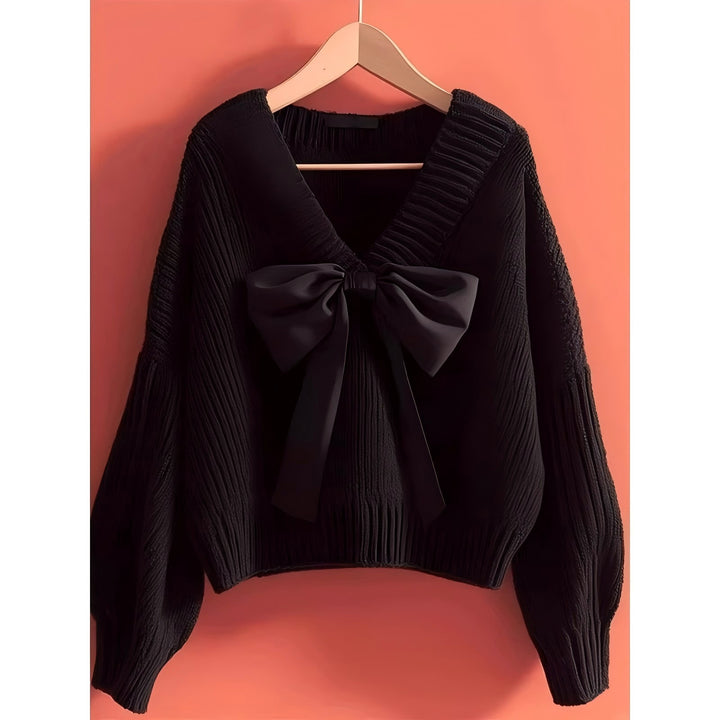 Knitted sweater for women with V-neck and decorative bow accent Lune London