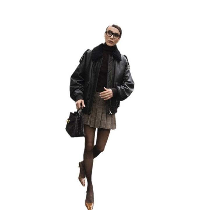 Leather jacket for women with large collar and relaxed fit Lune London