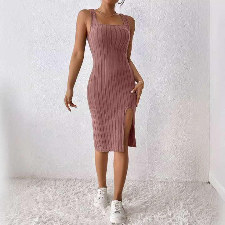 Fitted ribbed dress for women with side slit and square neckline Lune London