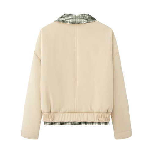 Trendy transition jacket for women with check collar and practical flap pockets Lune London