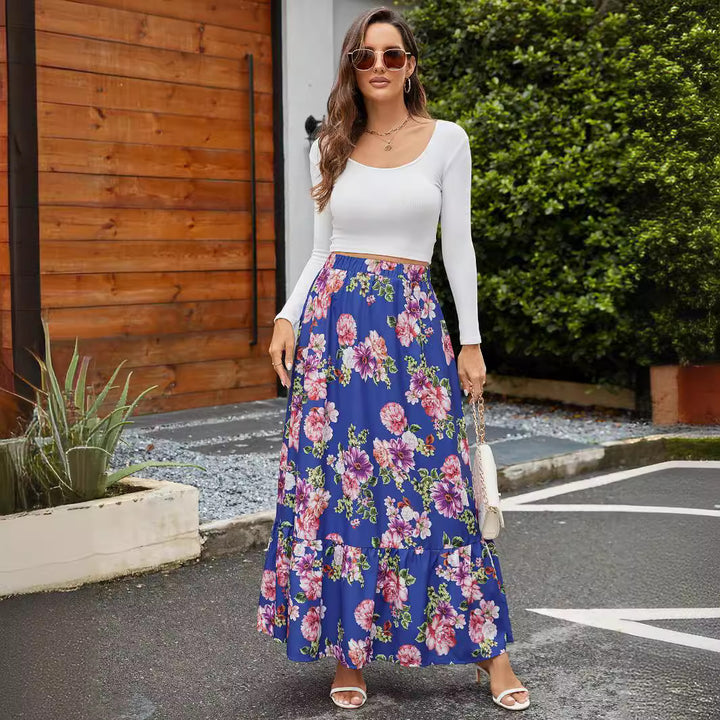 Maxi skirt for women with a cheerful floral pattern and a voluminous ruffle approach Lune London