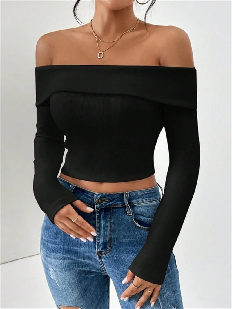 Ladies Off-shoulder top with long sleeves and fine ribbed texture Lune London