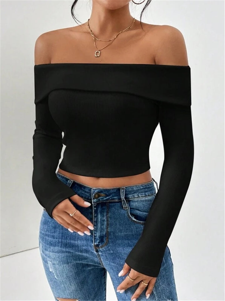 Ladies Off-shoulder top with long sleeves and fine ribbed texture Lune London