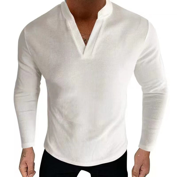 Men's Long Sleeve Henley Shirt in Textured Cotton Fabric with a Modern V-Neck Lune London