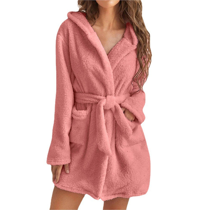 Women’s cozy fleece bathrobe with hood and belt Lune London