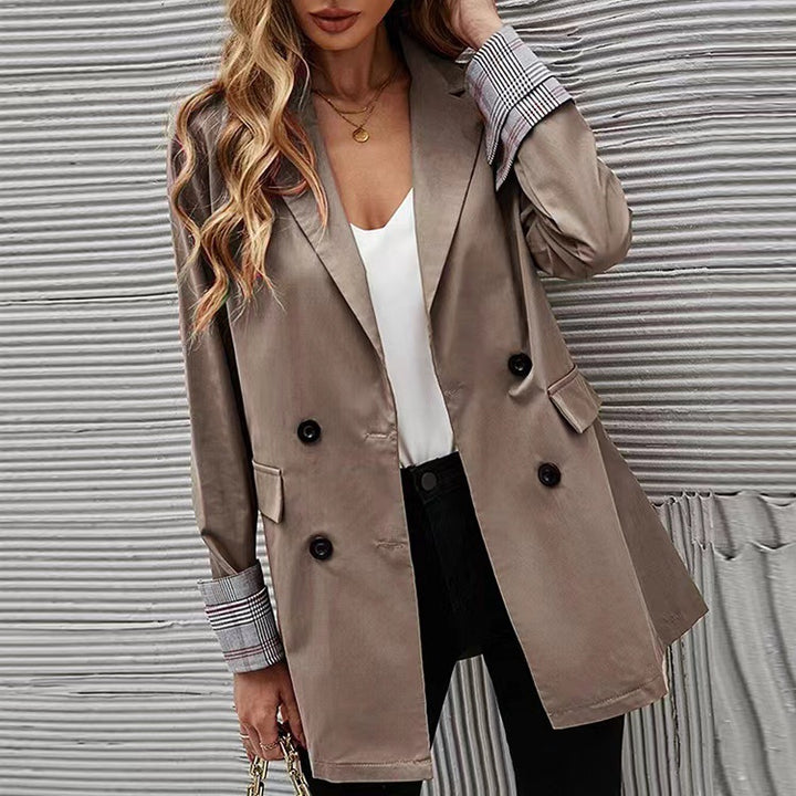Women Elegant Double-Breasted Blazer with Chic Checkered Detail and Style