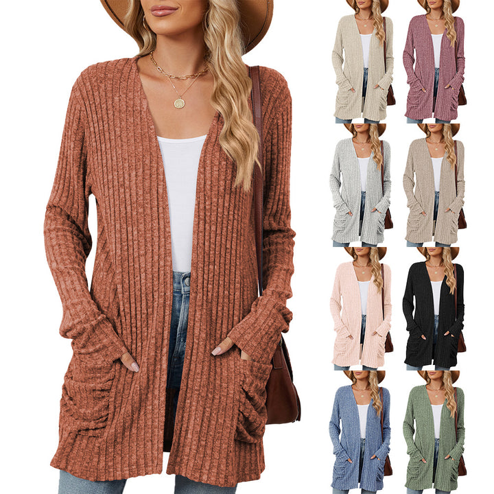 Ladies casual knit jacket with ribbed texture and practical pockets Lune London