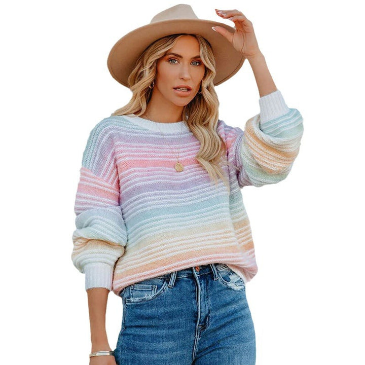 Pull décontracté pour femmes avec un motif de rayures colorées et des manches volumineuses Chic & Stil