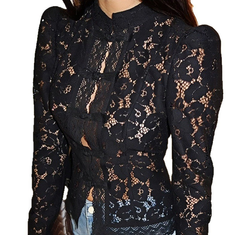 Lace blouse for women with fine gathered details and transparent sleeves Lune London