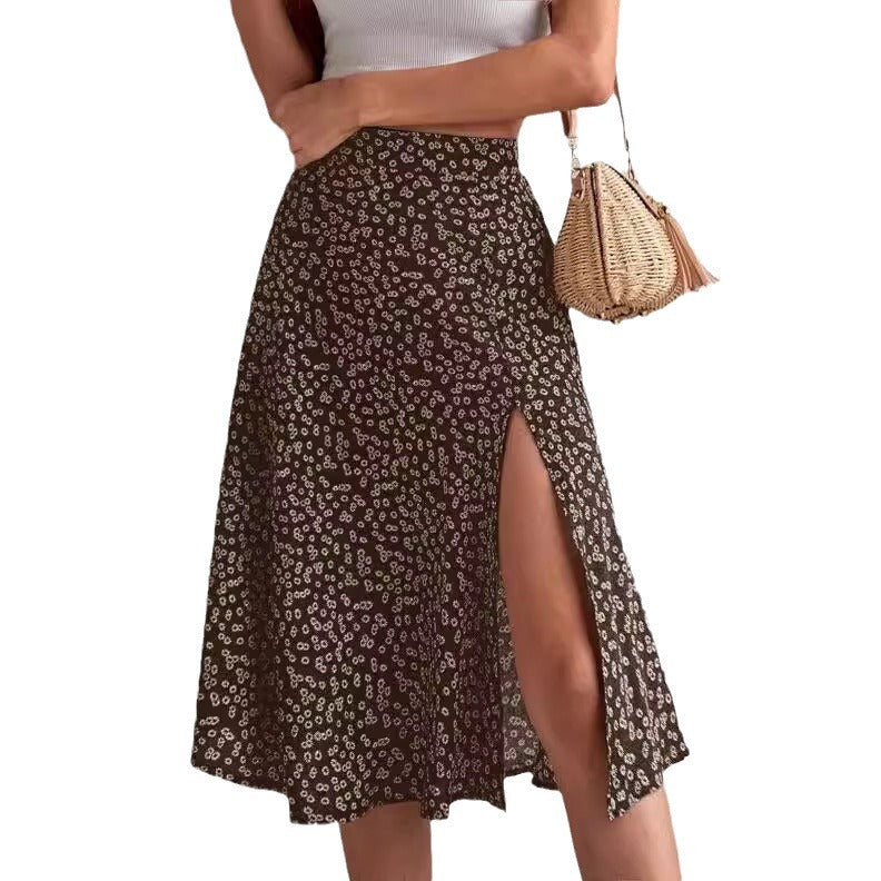 Midi skirt for women with asymmetrical slit and floral pattern Lune London