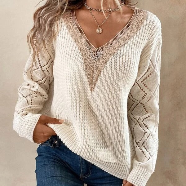 Knitted sweater for women with V-neck and mesh details Lune London
