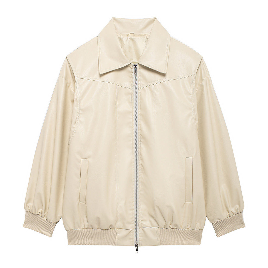 Ladies Trendy Synthetic Leather Jacket with Elastic Cuffs and Practical Pockets Lune London