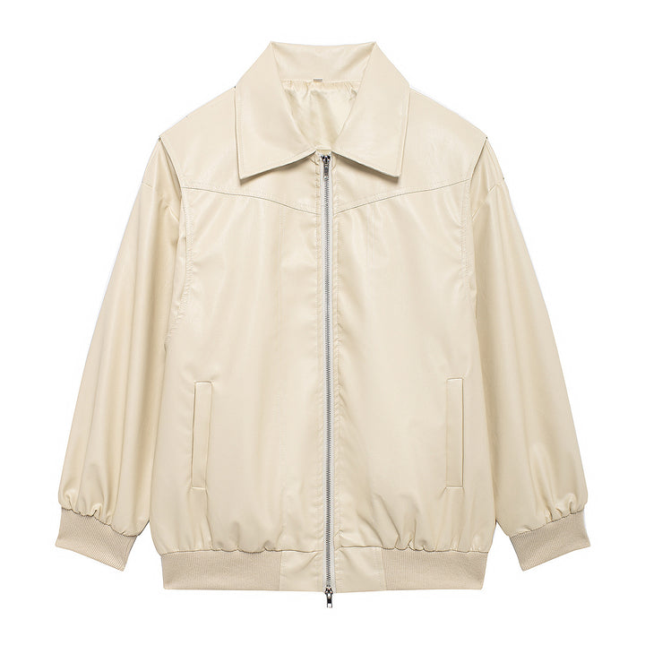 Ladies Trendy Synthetic Leather Jacket with Elastic Cuffs and Practical Pockets Lune London