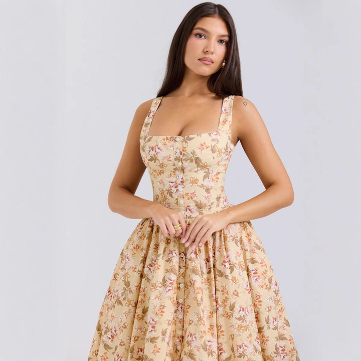 Chic & Stil Elegant Floral Pattern Midi Dress with Fine Straps