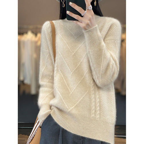 Women's thick knit sweater with an innovative cable pattern and a high collar Lune London