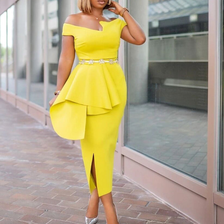 Sheath dress for women with asymmetrical pleats and elegant slit Lune London