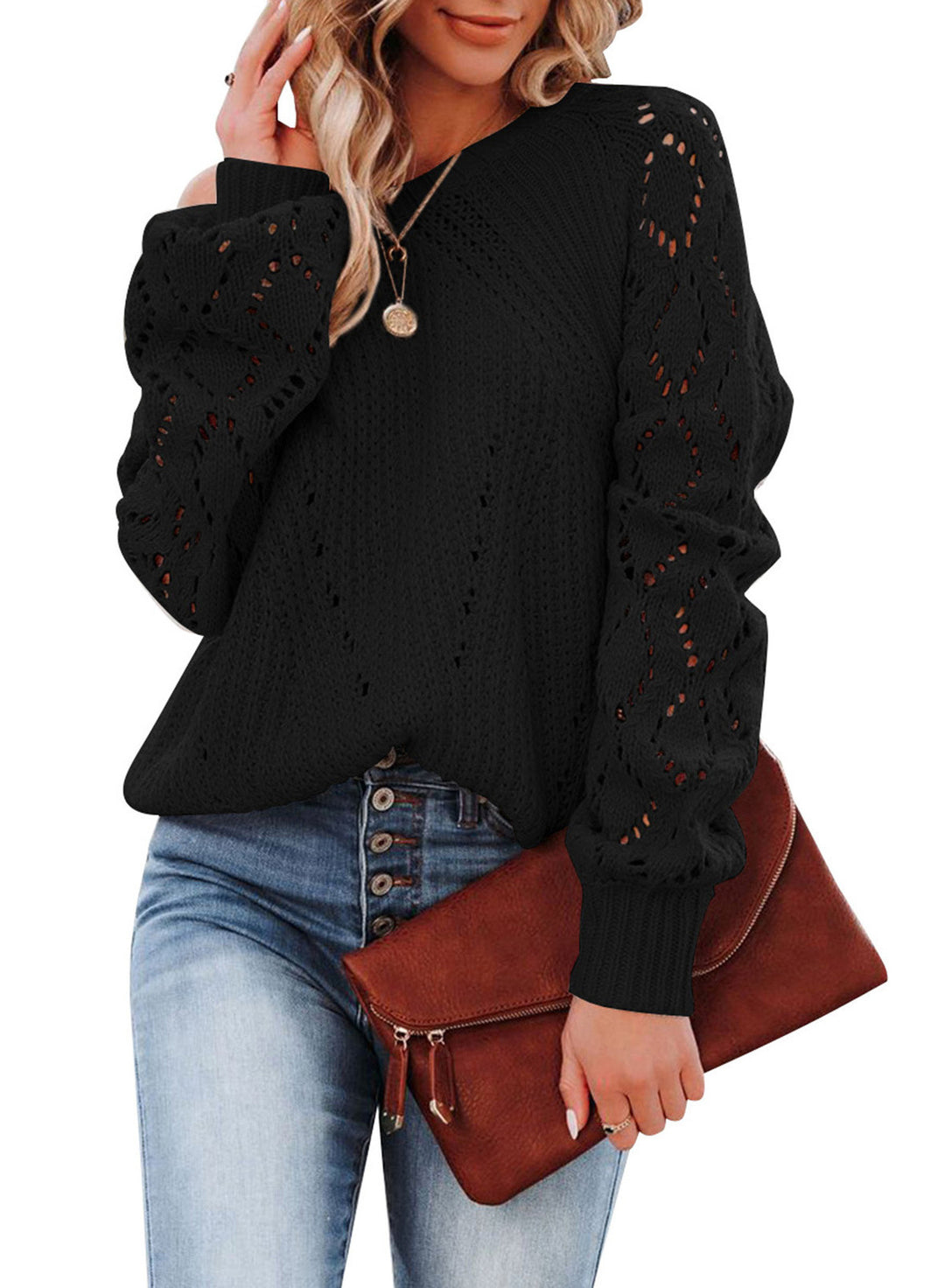 Knit sweater for women with detailed openwork pattern and relaxed fit Lune London