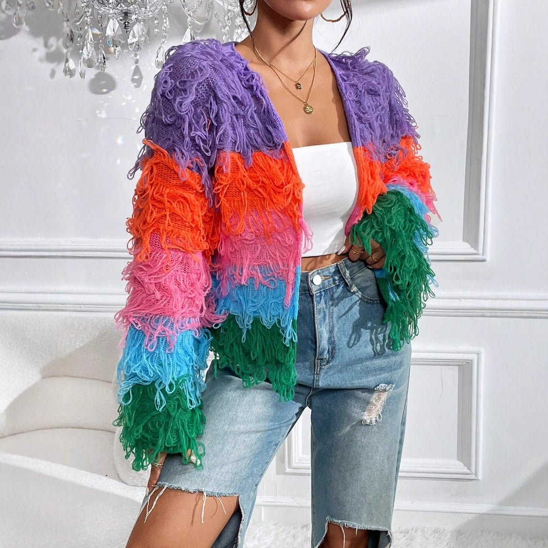 Ladies knitted cardigan with colorful fringes and a unique pattern Lune London