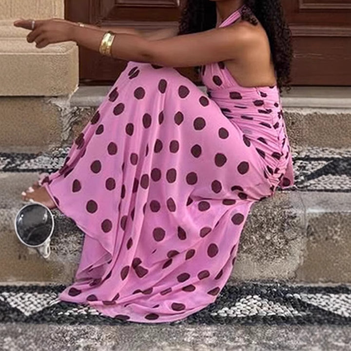 Women Elegant Maxi Dress with Polka Dots and Deep V Neck Lune London