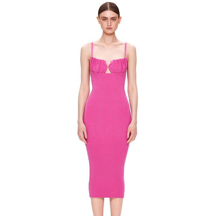 Lune London Women's Ribbed Knit Bodycon Midi Dress with Ruffle Detail