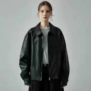 Women's Leather Jacket in Casual Oversized Cut with Practical Pockets Lune London