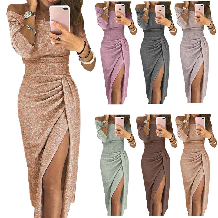 Women Glamorous Midi Dress with Off-Shoulder Design and Shimmering Fabric Lune London