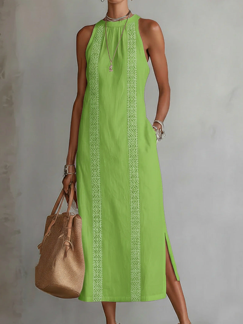 Women Elegant Summer Maxi Dress with Lace Appliqué and Side Slit Lune London