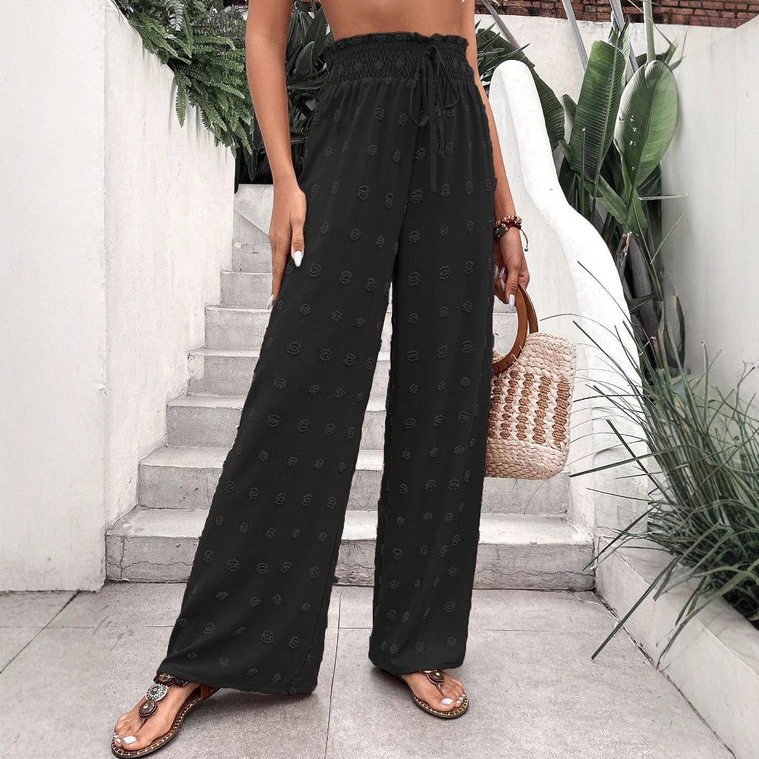 Ladies Wide Palazzo Pants with Subtle Pattern and Elastic Belt Lune London
