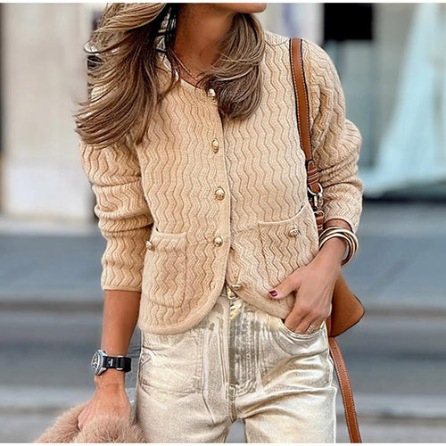 Ladies cardigan with structured check pattern and decorative buttons Lune London