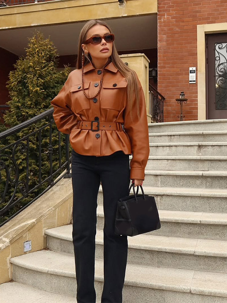 Faux leather jacket for women with fitted cut and belt Lune London