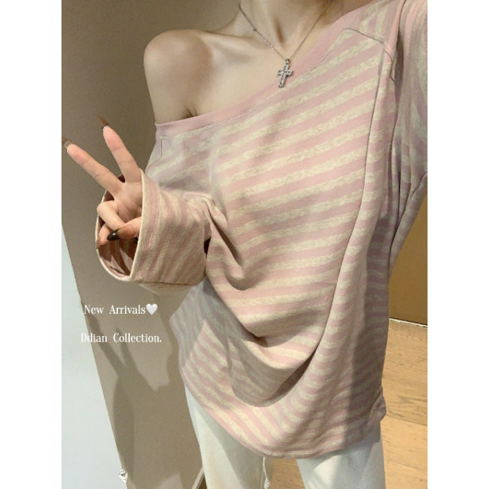 Women's casual oversized off-shoulder long sleeve shirt with striped pattern Chic & Stil