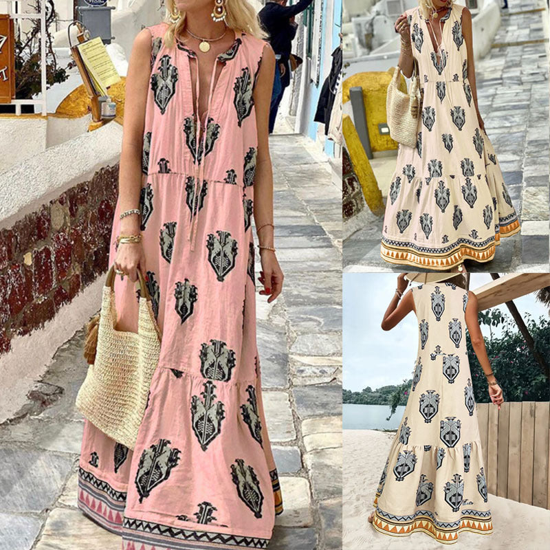 Maxi dress for women with an elegant floral pattern and a deep V neckline Lune London