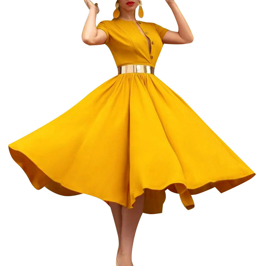 Ladies Elegant Maxi Dress with Buttoning and Glamour Chic Belt