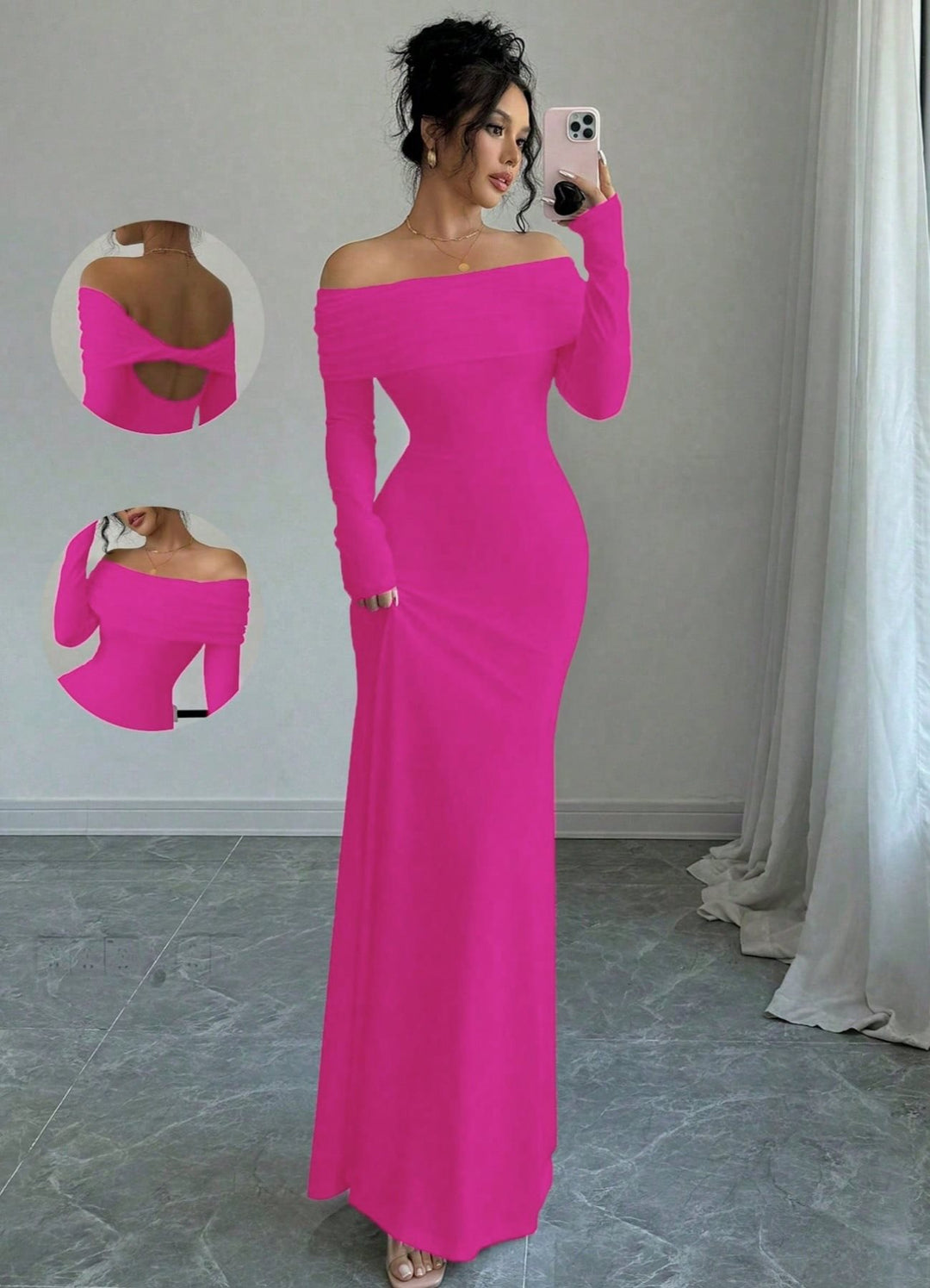 Elegant off-shoulder maxi dress for women with refined details at the back Lune London