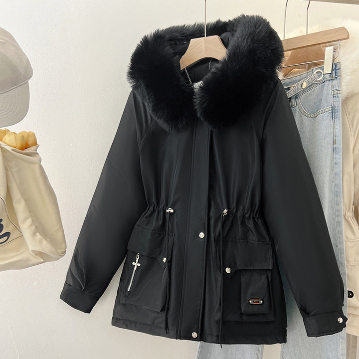 Multifunctional winter jacket for women with removable faux fur collar and adjustable waist drawstring Lune London
