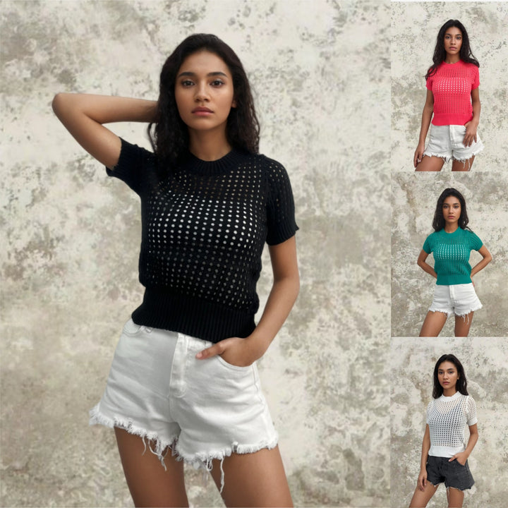 Short sleeve knit top for women with an airy openwork look and a modern collar Lune London