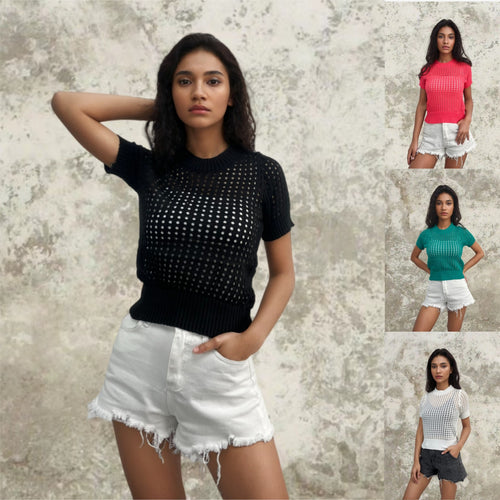 Short sleeve knit top for women with an airy openwork look and a modern collar Lune London