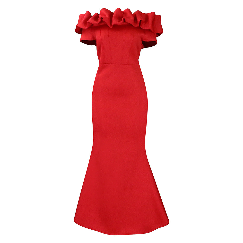 Fitted evening dress for women with voluminous ruffle collar Lune London