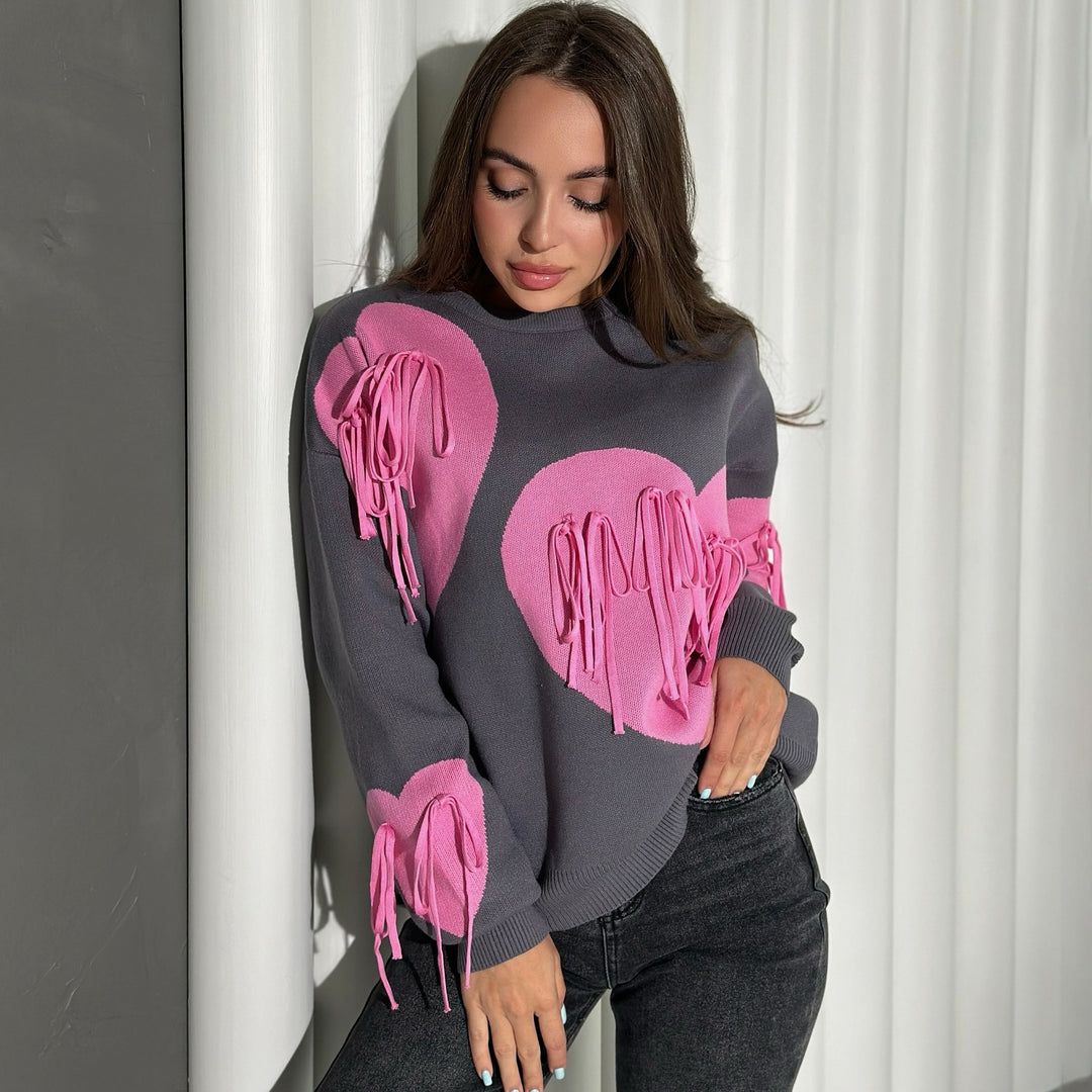Fashionable women's sweater with a cheerful heart-shaped design and creative fringes Lune London