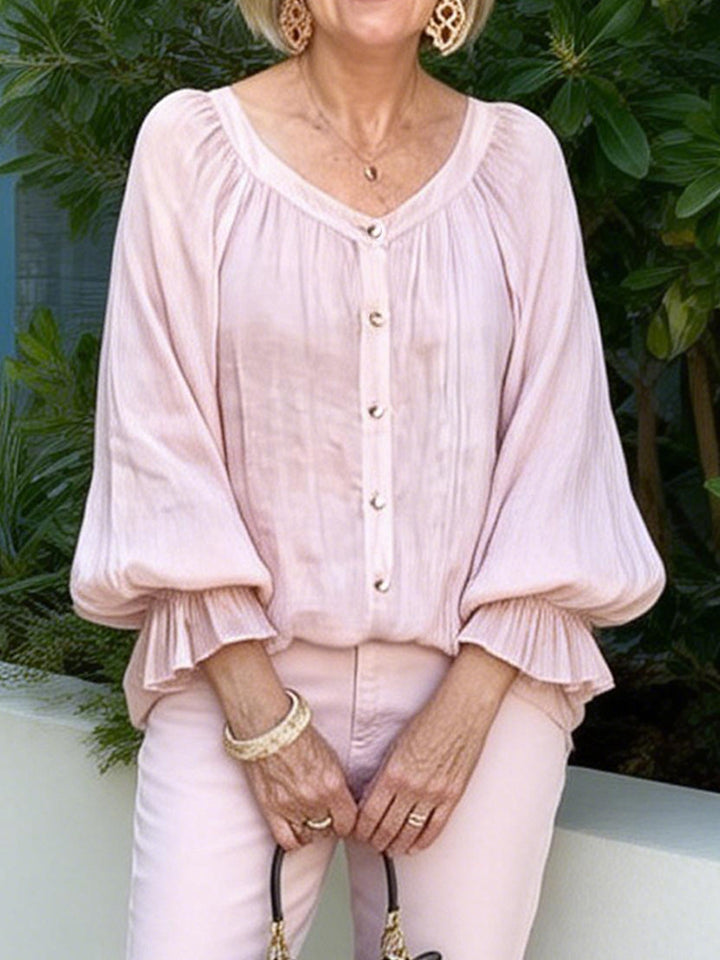 Women Elegant Blouse Shirt with Ruffled Sleeves and Button Placket Lune London