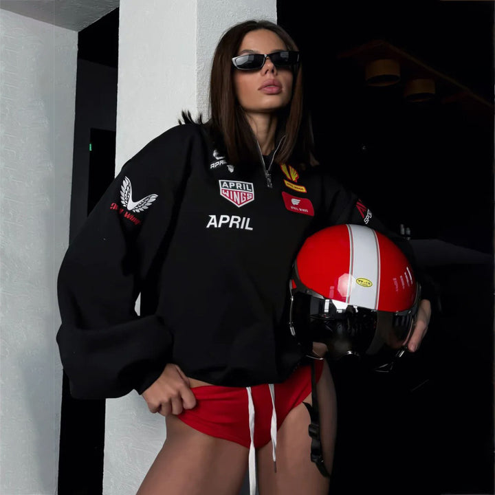 Oversized sweatshirt for women with high collar and trendy accents Lune London