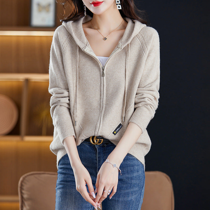 Knitted jacket for ladies with hood and practical pockets Lune London