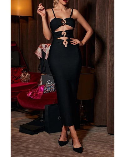 Ladies Elegant Midi Dress with Exciting Cut-Outs and Decorative Rings