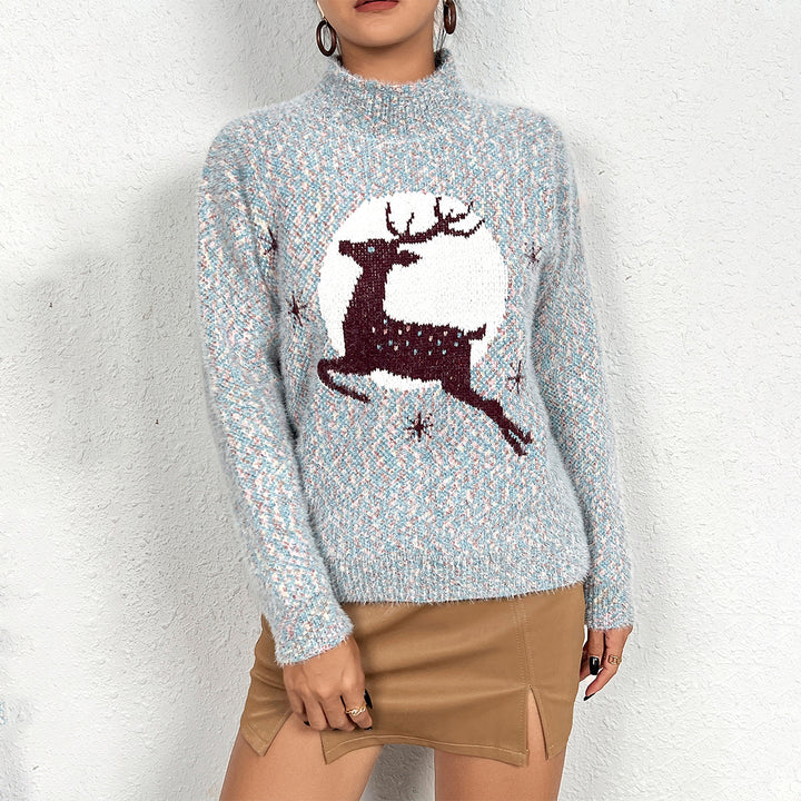 Knitted women's sweater with festive reindeer pattern and high collar Lune London